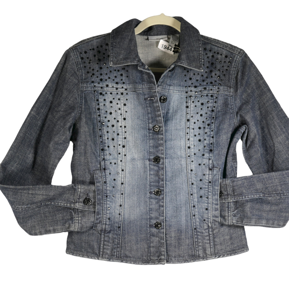 Chico's Platinum Distressed Denim Jacket Womens M Blue Embellished Rhinestones - Picture 4 of 9